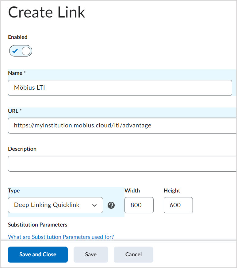 On the Create Link page in Brightspace, the Name URL and Type fields are filled in.